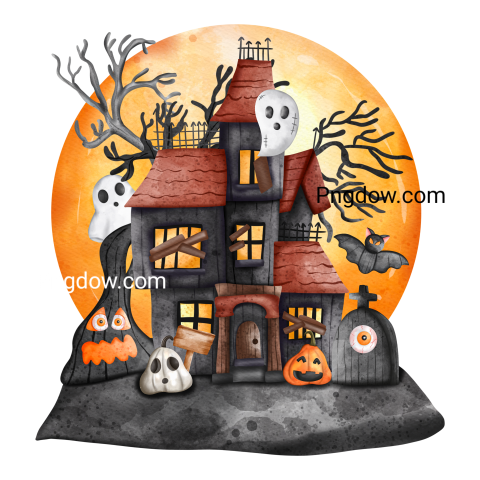 Haunted House with a full moon  Halloween Castle Watercolor Ghost House Halloween