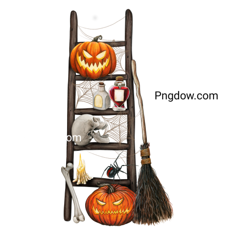 Watercolor halloween decorated ladder with carved lanterns free