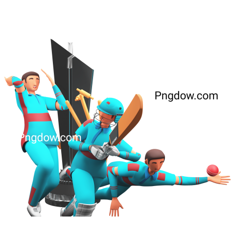 3D Illustration of Cricket Players in Different Poses with Silver Winning Trophy Cup and Copy Space