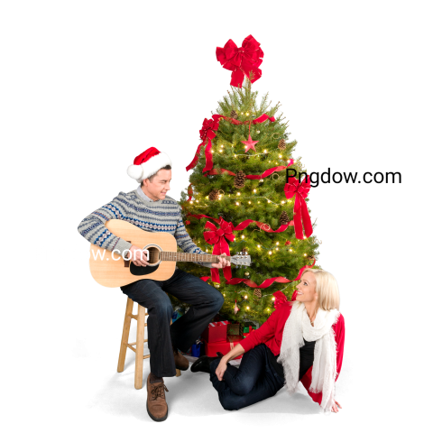 Couple Playing Christmas Carols at The Christmas Tree   Isolated
