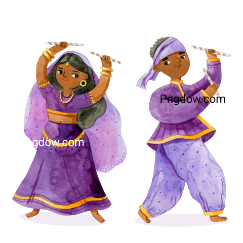 Purple Watercolour Dandiya Navratri Couple Dancing