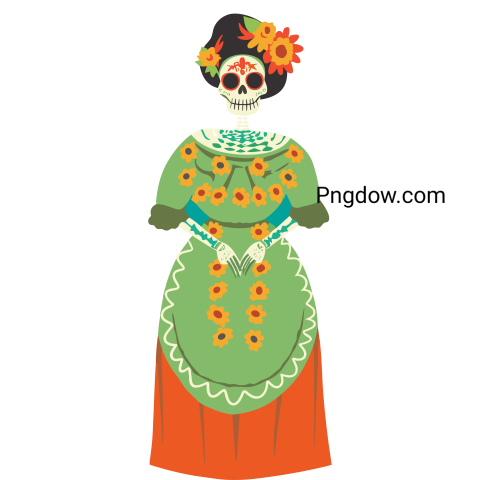 Dia de los Muertos female skeleton flat illustration for free
