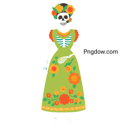Dia de los Muertos female skeleton flat illustration image free