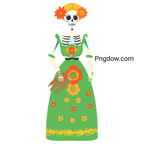 Dia de los Muertos female skeleton flat illustration transparent background