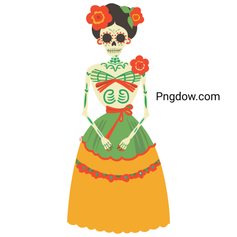 Dia de los Muertos female skeleton flat illustration transparent