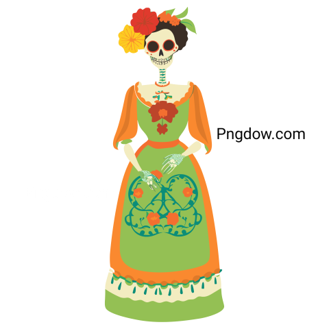 Dia de los Muertos female skeleton flat illustration PNG transparent background