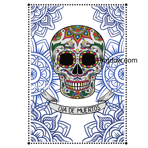 Mexican Sugar Skull with Floral Pattern, Dia De Muertos, Design Element for Poster, Greeting Card Vector Illustration on a Electric Blue Background