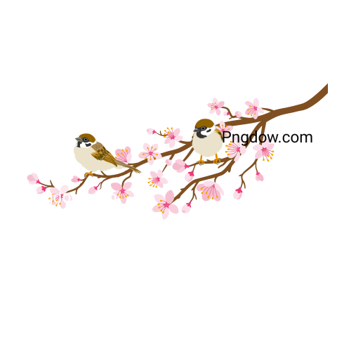 Two Small Birds Perch on Cherry Blossom Branch  House Sparrow