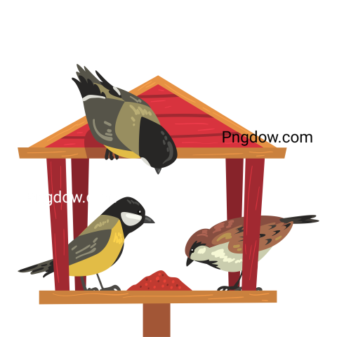Winter Bird Feeder with Titmouse and Sparrows Vector Illustration