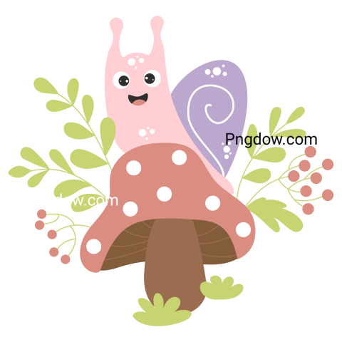 Cute snail on mushroom transparent background