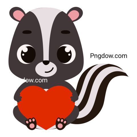 Cute little sitting skunk holds heart
