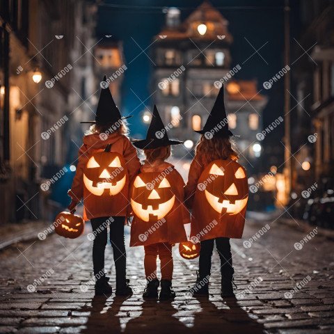 Kids in Halloween costumes playing on night city street, back view. The city streets at night are decorated with Halloween decorations and lanterns