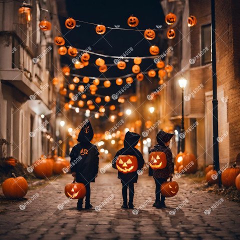 Kids in Halloween costumes playing on night city street, back view. The city streets at night are decorated with Halloween decorations and lanterns