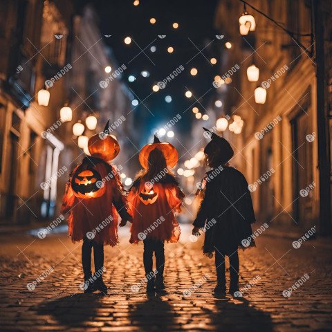 Kids in Halloween costumes playing on night city street, back view. The city streets at night are decorated with Halloween decorations and lanterns