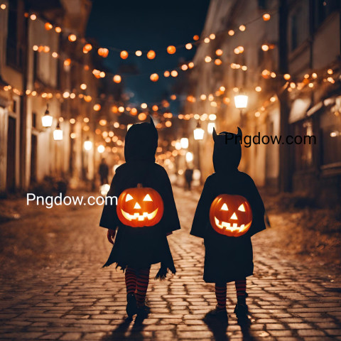 Kids in Halloween costumes playing on night city street, back view. The city streets at night are decorated with Halloween decorations and lanterns