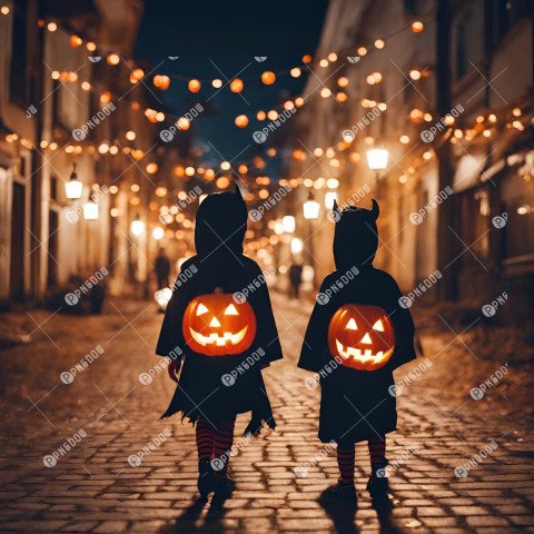 Kids in Halloween costumes playing on night city street, back view. The city streets at night are decorated with Halloween decorations and lanterns