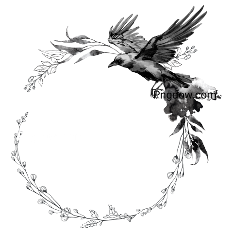 Black elegant floral wreath with flying raven