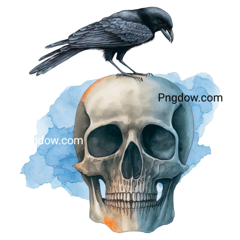 Watercolor hand drawn raven on skull