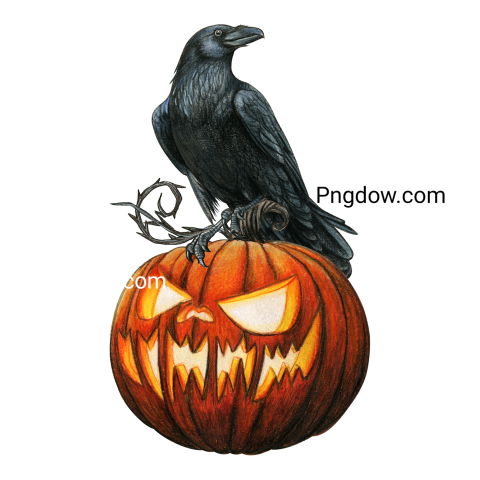 Watercolor Pumpkin Lantern with Raven Illustration