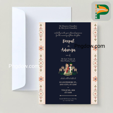 Exquisite Wedding Invitation Card featuring a Cute Indian Couple with Floral Design, Premium Vector