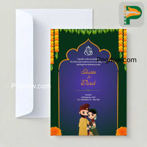 Stunning Floral Wedding Invitation Card featuring a Cute Indian Couple in Premium Vector