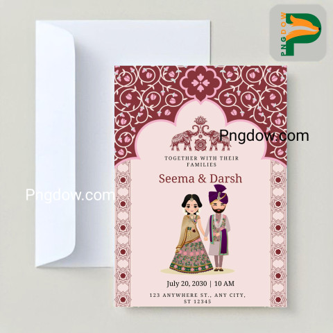 Exquisite Indian Wedding Invitation Card featuring a Cute Couple and Floral Designs