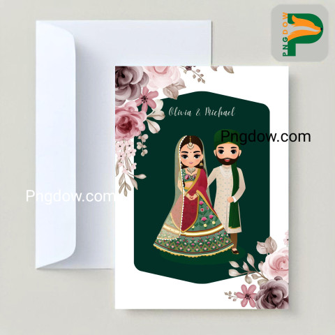 Download Unique Indian Wedding Invitation Card with Adorable Cartoon Couple in Traditional Attire