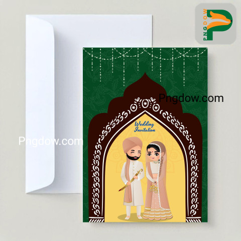 Download Adorable Wedding Invitation Card Featuring Traditional Indian Dress Cartoon of the Bride and Groom