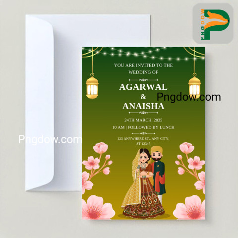 Download Cute Cartoon Wedding Invitation Card with Traditional Indian Dress for the Bride and Groom