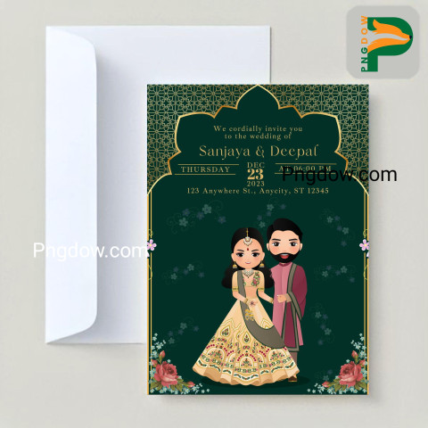 Get Your Adorable Indian Wedding Invitation Card with Traditional Dress Cartoon of the Bride and Groom   Download Now!