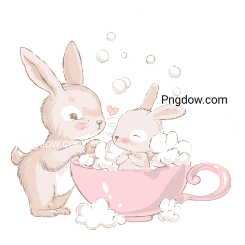 Mother Rabbit Bathing Baby Rabbit in a Cup