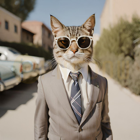 A cat wearing sunglasses and a suit with a tie (2)