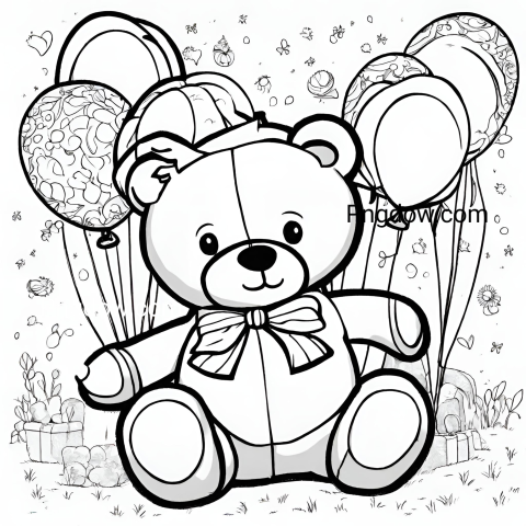 Delightful Teddy Bear and Balloons Coloring Page   Free Printable