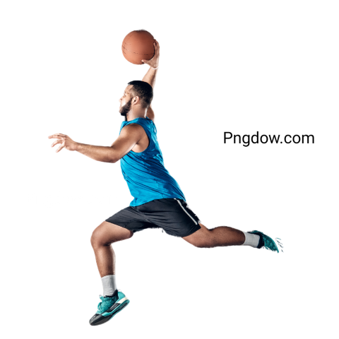 basketball player making slam dunk on basketball arena, png transparent background