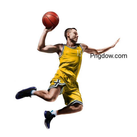 basketball player making slam dunk on basketball arena transparent background