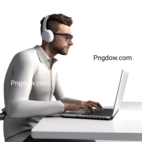 3D side view of man sitting in front of laptop and talking on phone
