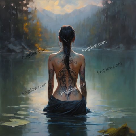 back shot Elven woman with intricate elvish back tattoo in a lake