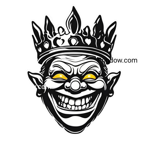 png image of a clown with a crown on his head, featuring a troll face