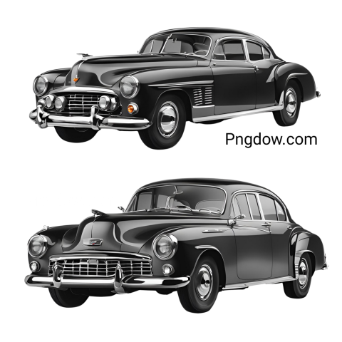 Two vintage classic cars in black and white, side by side  Car png