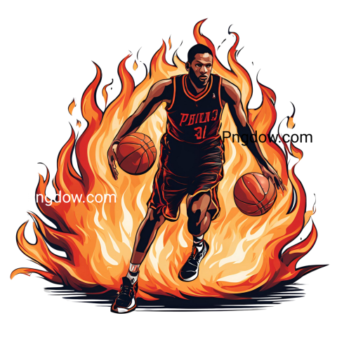 A basketball player dribbling a ball in a fiery background