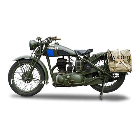 An old military motorcycle with a canvas bag attached