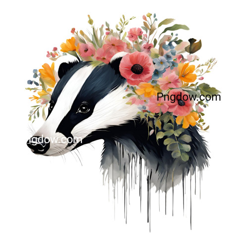 A whimsical flower Badger with colorful blooms in its hair, set against a clean white background
