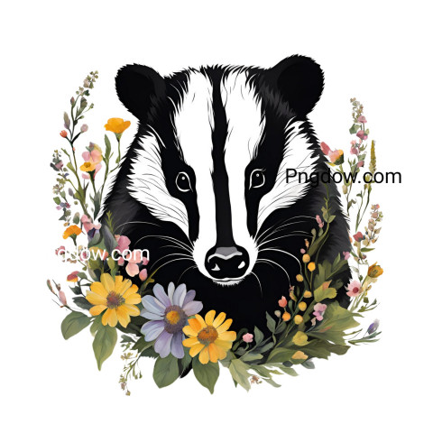 An artistic depiction of a Badger adorned with delicate flowers in its hair, on a plain white backdrop