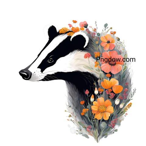 A charming illustration of a Badger wearing flowers in its hair, showcased on a simple white background