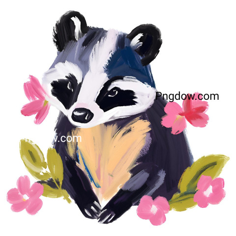 A painting of a badger surrounded by flowers on a white background