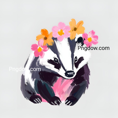 Badger painting with flowers on white background