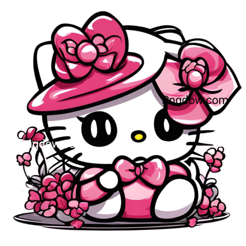 Hello Kitty with pink flowers and bow, cute character in a PNG format