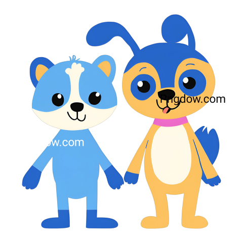 Two cartoon animals, Bluey and Bingo, standing side by side