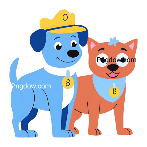 A cartoon dog and cat, Bluey and Bingo, standing next to each other