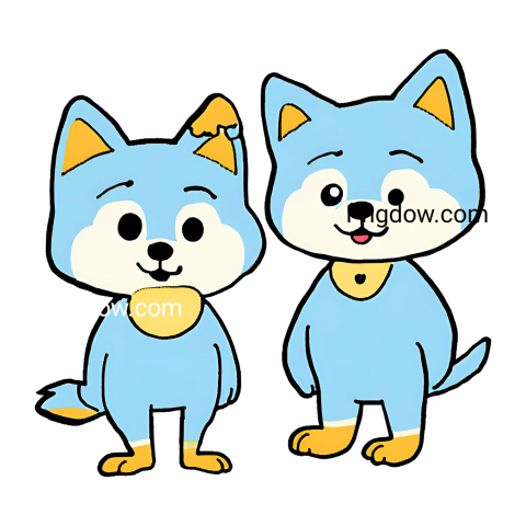 Two cartoon blue dogs, Bluey and Bingo, standing side by side, Png images